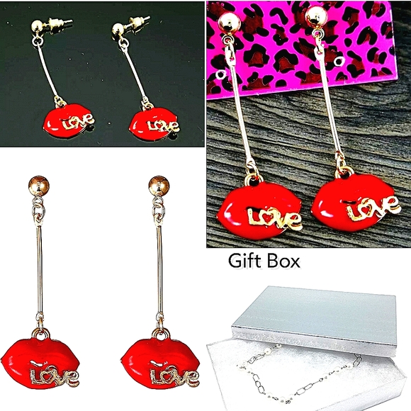 Gold red crystal love lips drop earrings with silver post - Picture 1 of 11